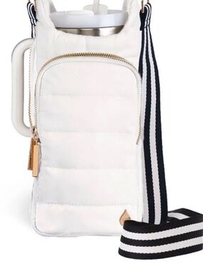 WanderFull White/Blk Insulated Bottle Carrier with Luxe Striped Handle